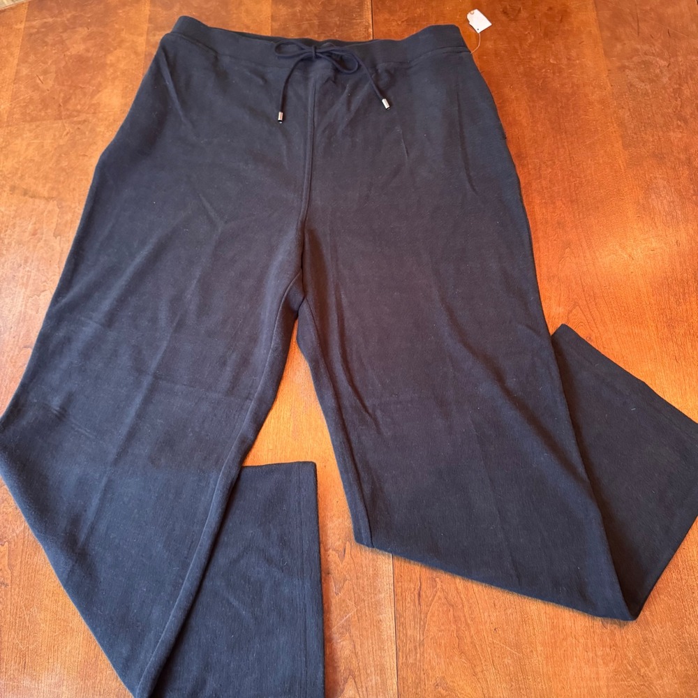 Talbots Fleece Pants Women XL Black Wide Leg Drawstring Casual Trousers Comfort